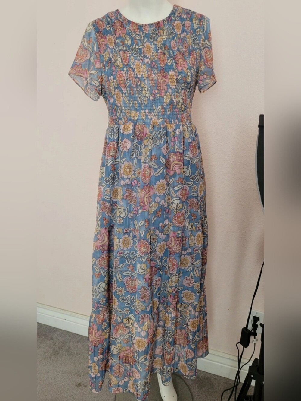 Nanette Lepore Blue Floral Smocked Maxi Dress Metallic Stripe Size 10 - Picture 4 of 7